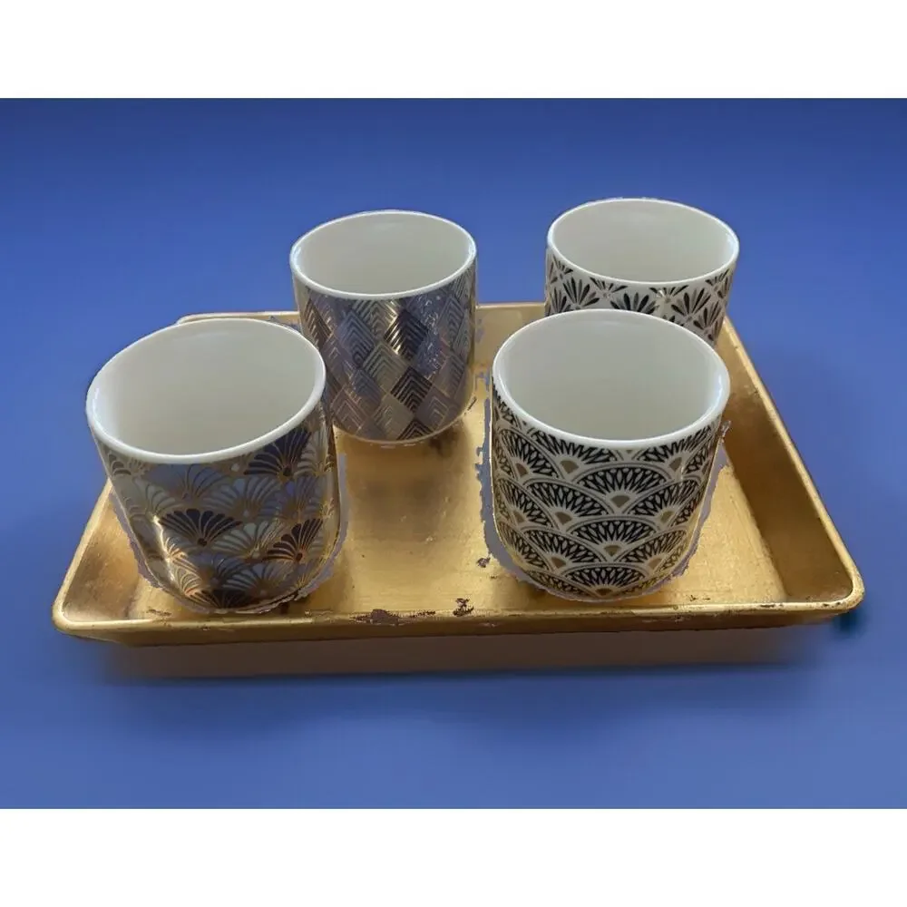 Set of Four Art Deco Brand Ceramic Espresso Cups Blues with Gold Trim and Tray